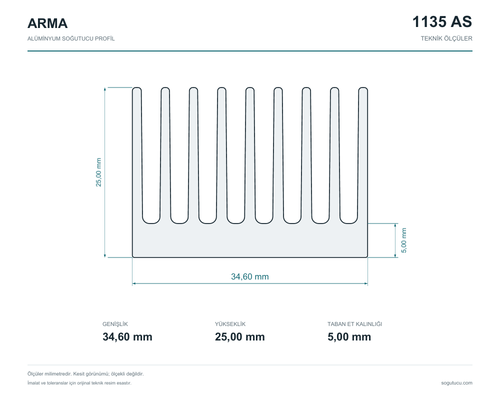 1135 AS teknik kesiti: genişlik 34,6 mm, yükseklik 25 mm, taban et kalınlığı 5 mm.