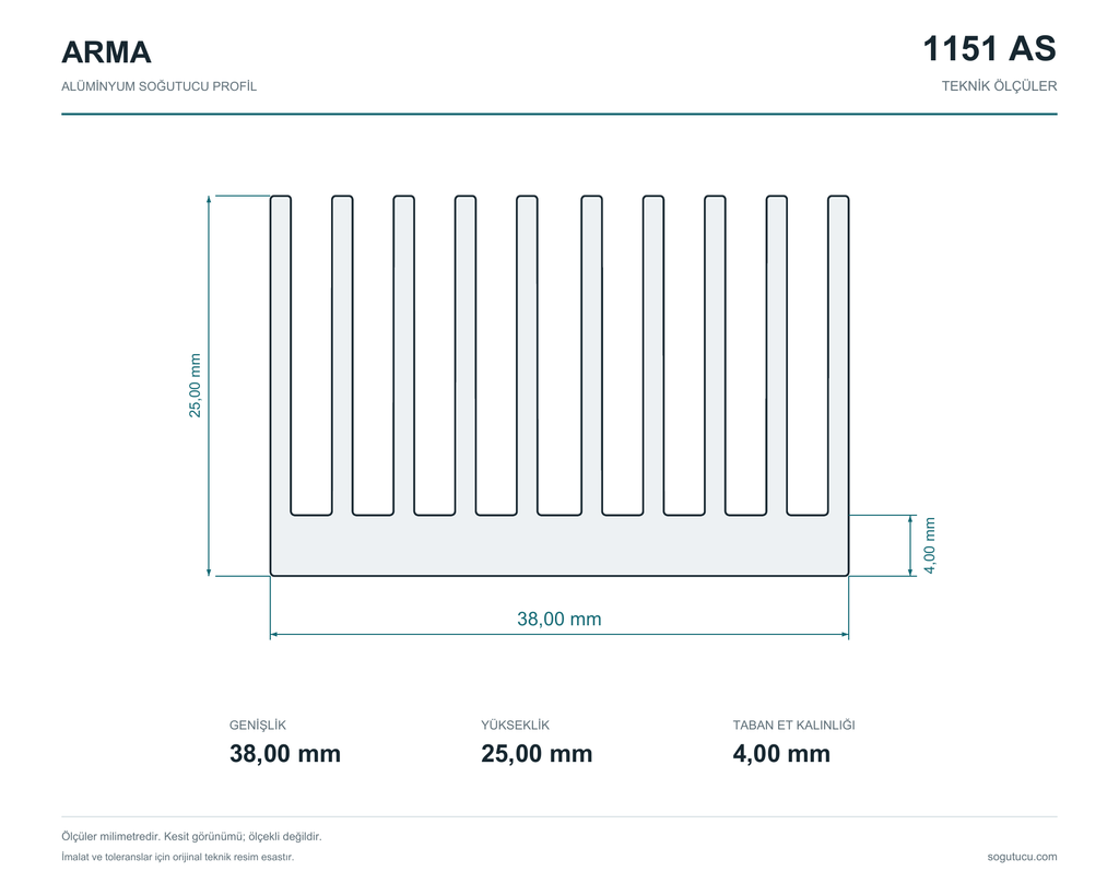 1151 AS teknik kesiti: genişlik 38 mm, yükseklik 25 mm, taban et kalınlığı 4 mm.
