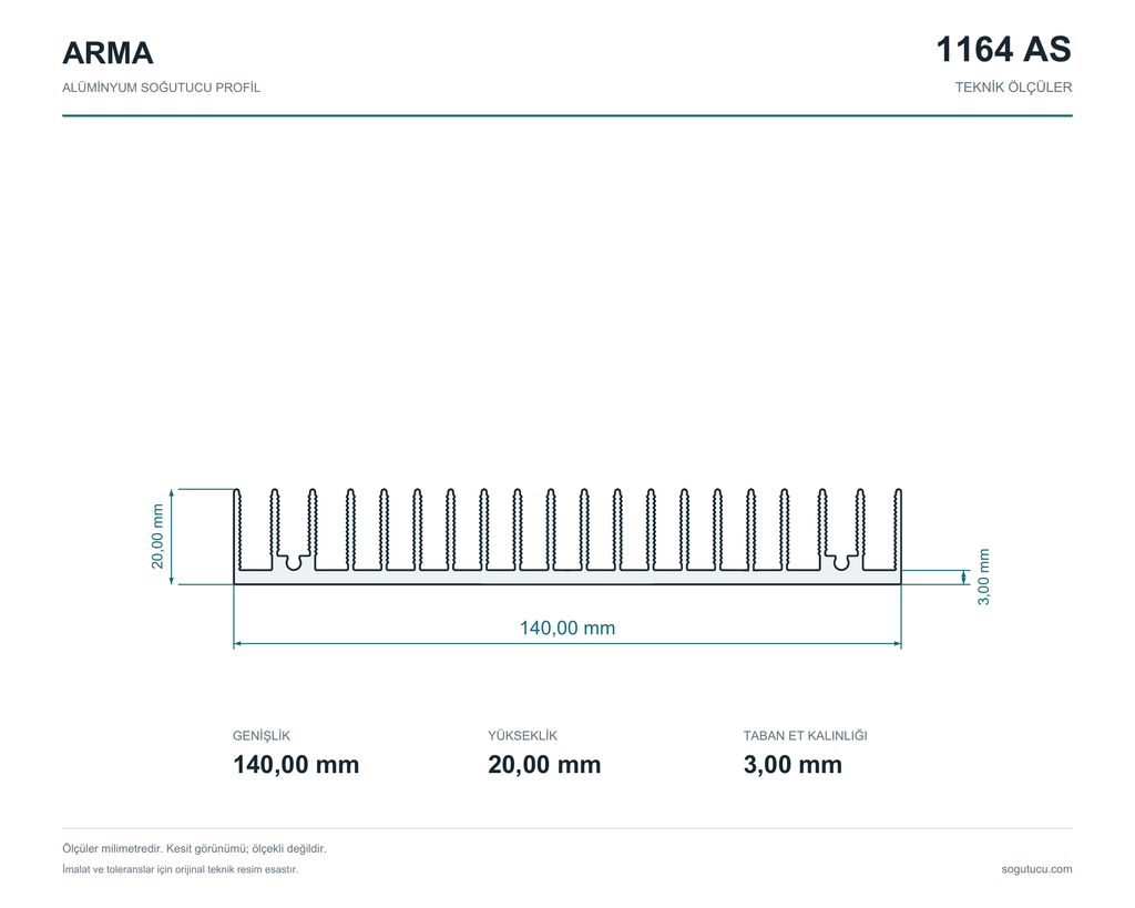 140mm Genişlik Alüminyum Soğutucu 1164 AS