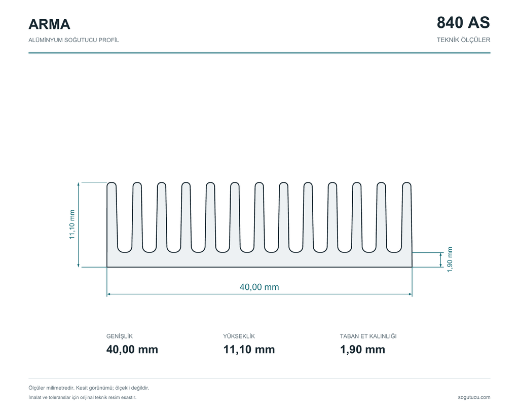 840 AS teknik kesiti: genişlik 40 mm, yükseklik 11,1 mm, taban et kalınlığı 1,9 mm.