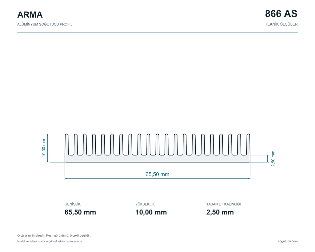 866 AS teknik kesiti: genişlik 65,5 mm, yükseklik 10 mm, taban et kalınlığı 2,5 mm.