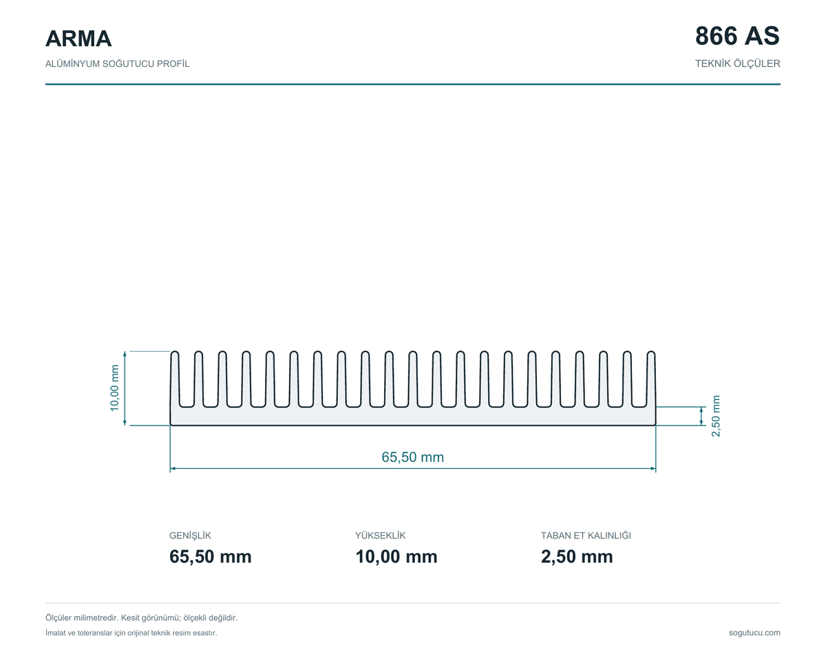 866 AS teknik kesiti: genişlik 65,5 mm, yükseklik 10 mm, taban et kalınlığı 2,5 mm.